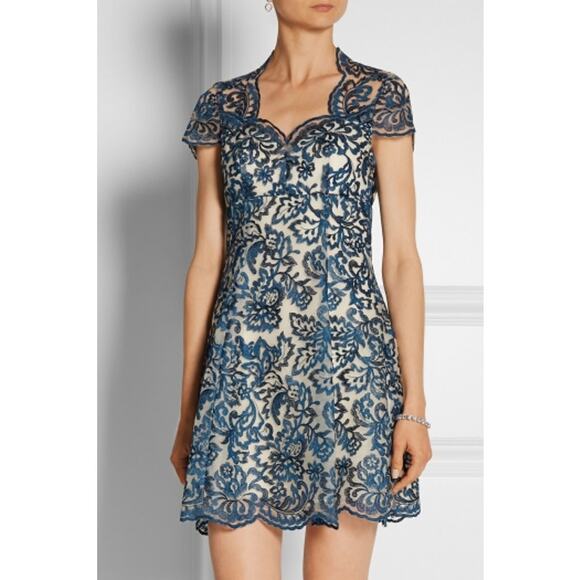 Marchesa Notte Embroidered Tulle Mini Dress Blue White US Size 10 Cocktail Party - Picture 1 of 8
